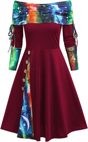 DRESSFO Womens Boho Knit Sweater Dress Long Sleeve Off Shoulder Button Sweatshirt Colorblock A Line Winter Dress in Kuwait