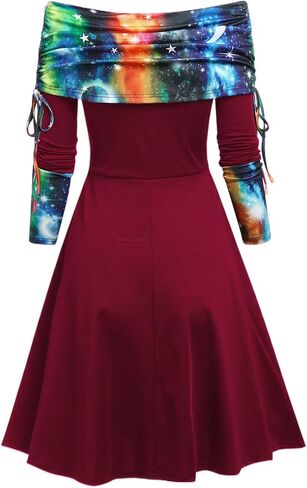 DRESSFO Womens Boho Knit Sweater Dress Long Sleeve Off Shoulder Button Sweatshirt Colorblock A Line Winter Dress in Kuwait
