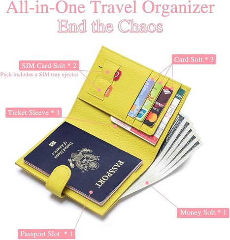 Passport Wallet for Women – RFID Blocking Passport Holder for Travel Women with Card Slots, Coin Pocket & SIM Slot – Slim Genuine Leather Travel Organizer – Lemon Yellow in Saudi Arabia