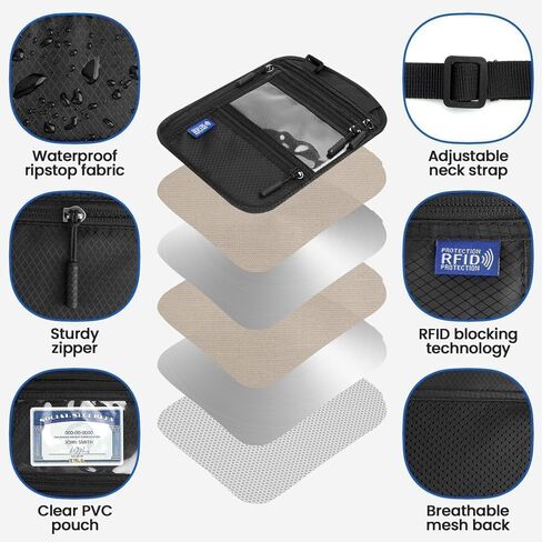 حامل جواز سفر RFID 2 عبوة للسفر-محفظة خفية الرقبة مع جيب الهاتف ، حقيبة خفيفة الوزن تحت إشراف الهاتف 7 بوصات وجوازات سفر 2 ، منظم مضاد للسرقة (Black & Light Gray) in Kuwait
