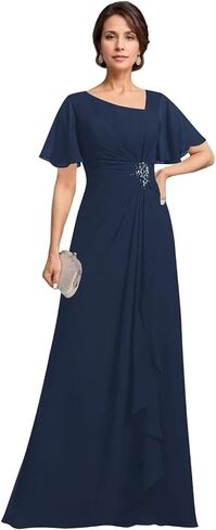 Asymmetrical Neck Mother of The Bride Dresses with Pockets Ruffles Sleeves Chiffon Formal Evening Gowns in Kuwait