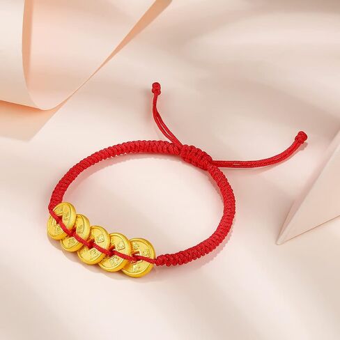 24K Solid Gold Bracelet Fortune Coins Real Gold Charm Bracelet Braided Bracelet Adjustable Dainty Jewelry for Women Mother Lover Her Anniversary Birthday in Saudi Arabia