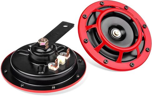 2 PCS Super Tone Car Horn Kit, 12V High Tone and Low Tone Twin Horn Kit with Protective Grill, Super Loud Metal Horns with Bracket for Cars Trucks SUVs Motorcycles (Red) in Kuwait