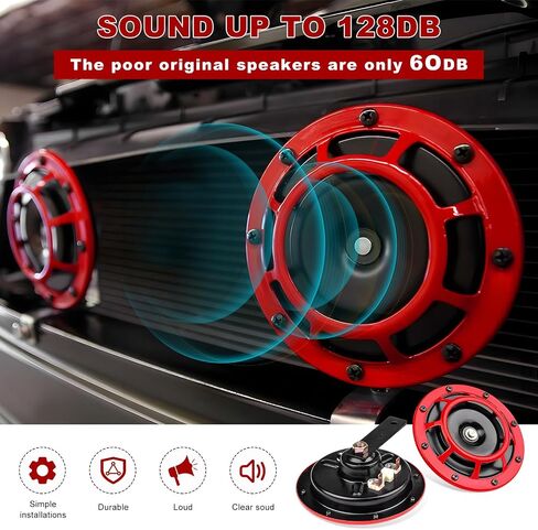 2 PCS Super Tone Car Horn Kit, 12V High Tone and Low Tone Twin Horn Kit with Protective Grill, Super Loud Metal Horns with Bracket for Cars Trucks SUVs Motorcycles (Red) in Kuwait