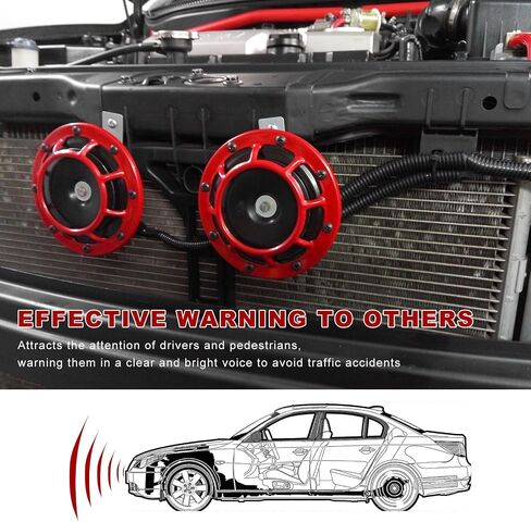 2 PCS Super Tone Car Horn Kit, 12V High Tone and Low Tone Twin Horn Kit with Protective Grill, Super Loud Metal Horns with Bracket for Cars Trucks SUVs Motorcycles (Red) in Kuwait