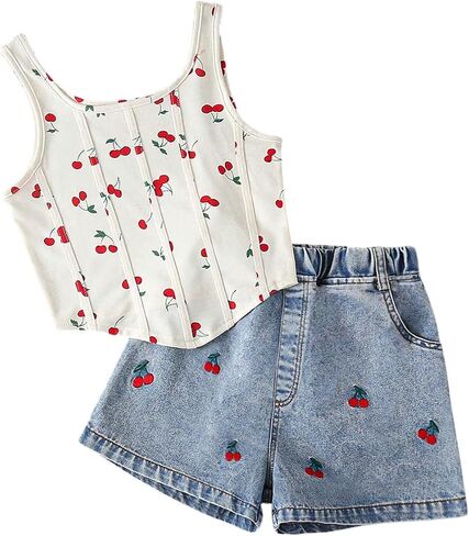 WDIRARA Girl's 2 Piece Cherry Graphic Outfits Tank Denim Shorts Set Cute Outfits in Saudi Arabia