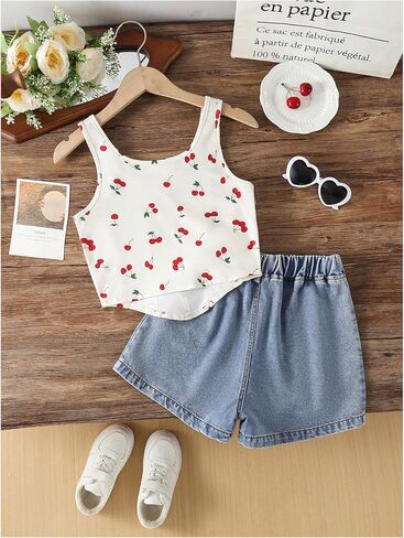 WDIRARA Girl's 2 Piece Cherry Graphic Outfits Tank Denim Shorts Set Cute Outfits in Saudi Arabia