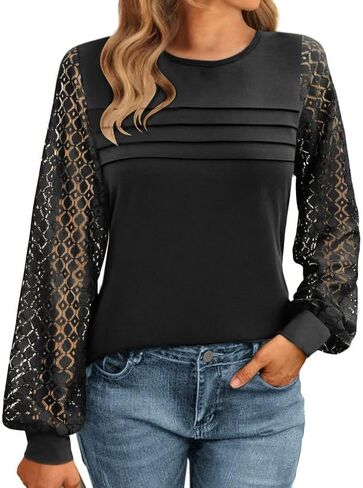 Women Long Sleeve Shirts Dressy Lace Fall Tops 2025 Trendy Casual T-Shirts Cute Work Outfits Blouses in Kuwait