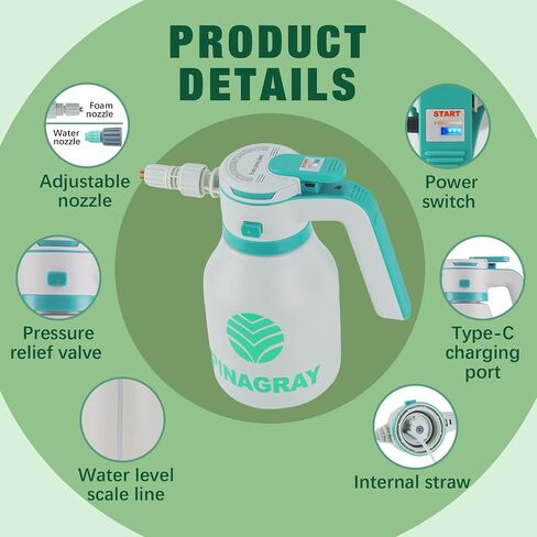 2L/0.5Gallon Electric Foam Prayer - رشاشات قابلة لإعادة الشحن مع فوهتين ، وشحن النوع C ، ووقت تشغيل لمدة ساعة لغسيل السيارات ، والبستنة وتنظيف المنزل in Saudi Arabia