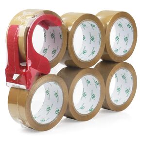 BOMEI PACK Tan Packing Tape Refills, Brown Packing Tape with Dispenser for Shipping, Moving and Packaging, 6Rolls 2.4 Mil 1.88 Inch x 60 Yards