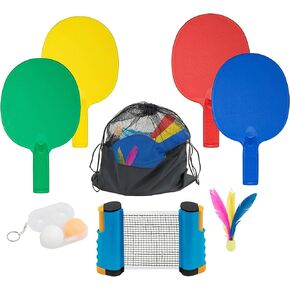 Plastic Portable Ping Pong Paddles Set of 4 Table Tennis Paddles with Retractable Ping Pong Net - 2 Ping Pong Balls with 1 Birdie. Perfect for Office, Lawn, and Beach Games for Adults and Families.