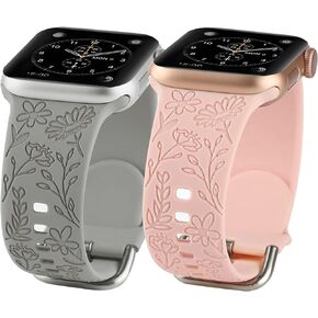 2 Pack Flower Engraved Sport Strap Compatible with Apple Watch Bands 38mm 40mm 41mm, Women Floral Laser Soft Silicone Wristband Replacement iWatch Series 8 7 6 5 4 3 2 1 SE