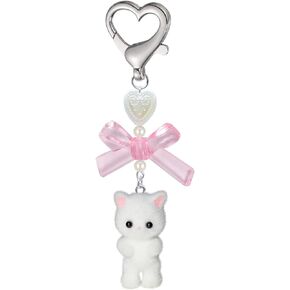 Cute Cat Keychain,Fuzzy Kitty Cat Decor Gifts for Cat Lovers Girlfriend Y2K Heart Bow Ornament Pendent Women Girls Kawaii Cat Charms for Bags Backpack Wallet