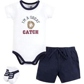 Hudson Baby Unisex Baby Bodysuit, Short and Sock, Great Catch Baseball, 9-12 Months