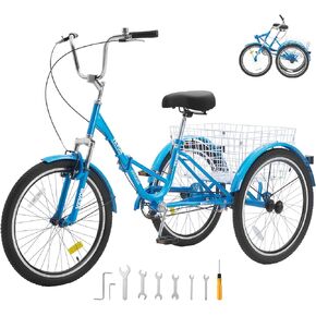 VEVOR Folding Adult Tricycle, 26-Inch Adult Folding Trikes, Carbon Steel 3 Wheel Cruiser Bike with Large Basket & Adjustable Seat, Shopping Picnic Foldable Tricycles for Women, Men, Seniors (Blue)