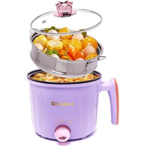 Hot Pot Electric with Steamer, Rapid Noodles Cooker,Non-Stick Electric Pot for Raman, Soup, Noodles, Steak, Oatmeal, Rapid, with Temperature control, (Rotary switch), 1.8L,Purple