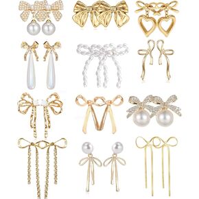 12 Pairs Crystal Rhinestone Pearl Kate Spade bow stud earrings for women Statement Ribbon Fringe Waterfall Dangling Long Chain Bow Dangle Drop Tassel Earrings