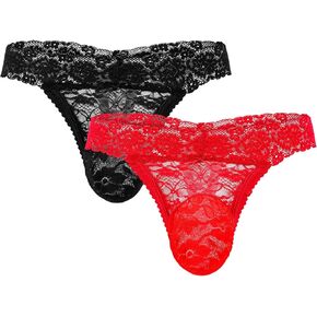 2 Pcs Men's Thong Underwear Lace Frilly Thongs Sheer Mesh Bikini Briefs Sissy G-string Lace Panties Men, Black, Red
