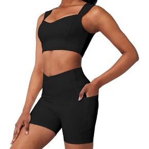 Casei Womens Workout Sets 2 Piece Outfits Ribbed Crop Tank Square Neck High Waist Biker Shorts Tracksuit with Pockets in Kuwait