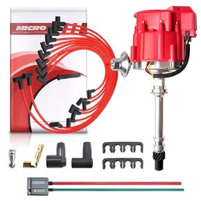 MAS Racing HEI Distributor&Spark Plug Wires & Free Pigtail Wire Harness Combo Kit Red Cap Replacement for Chevy 302 454 gm SBC BBC 65k Coil 7500RPM Chevrolet C10 GMC 400 350 V8