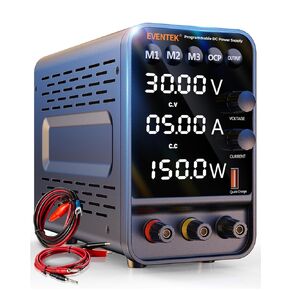 Eventek DC Power Supply, 30V/5A Variable Power Supply with Encoder Adjustment Knob, Memory Switching Bench Power Supply with 4-Digits LED Display, 5V/3.6A USB Output & Banana Plug Lead