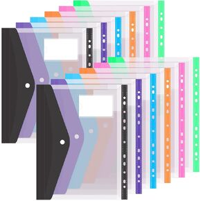 Colorlife Binder Pocket 12 Pack Plastic Envelopes Binder Folders 11 Holes Expandable Binder Folders for 2/3/4 Ring Document Pouch with Snap Button & Label Loose-Leaf for Office School Home 3 Colors