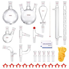 VEVOR Lab Distillation Kit, 3.3 Boro Lab Glassware Distillation Kit with 24, 40 Joint, 1000ml Essential Oil Distillation Apparatus Kit, 29 pcs Set of Glassware Equipment