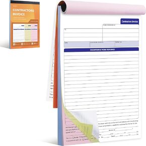 Large Contractor Invoice Book, Invoice Receipt Book for Small Business, 3 Part Carbonless Work Order Estimate Forms, 8x11 in, 50 Sets