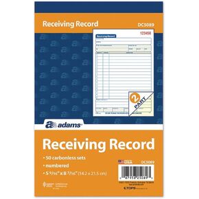 Adams Receiving Record Book, 2-Part, Carbonless, 5-9/16 x 8-7/16 Inches, 50 Sets per Book (DC5089) , White