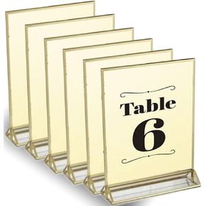 Clear Acrylic 2 Sided Frames with Gold Borders and Vertical Stand (Pack of 6) | Ideal for Wedding Table Number Holder, Double Sided Sign, Clear Photos, Menu Holders