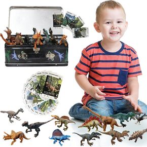 Dinotown Dinosaur Toys with 12 Figures, Tin Storage Box, Playing Mat and 20 Playing Cards - Gift for Boys and Girls