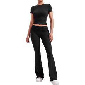 RXRXCOCO Women's 2 Piece Lounge Sets Y2K Crop Tops Fold Over Flare Pants Casual Outfits Matching Sets