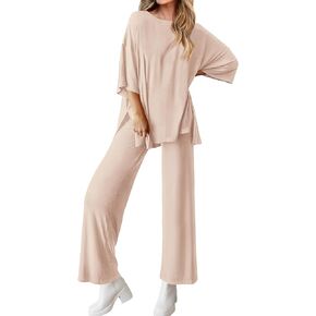 BTFBM Women 2 Piece Outfits Casual Loose Slit Short Sleeve Top Wide Leg Pants Matching Lounge Sets Tracksuit With Pocket