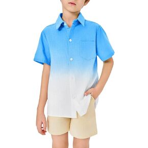 Boys Button Down Shirts Gradient Linen Casual Short Sleeve Beach Summer Boy Shirt with Pocket 2-14 Years