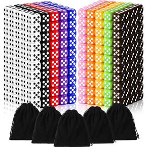 Syhood 500 Pieces 16mm Colored Dice Bulk 6 Sided Dice Set with 5 Pieces Drawstring Pouches Standard Game for Classroom Teaching Math Learning Board Dices Game 10 Color