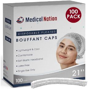 Hair Net, Disposable Pleated Hair Nets | White, 100 Count | Bouffant Hair Cap Hair Nets for Food Service, Medical Use - 21" Hairnets for Women & Men- Latex Free with Elastic Band- White