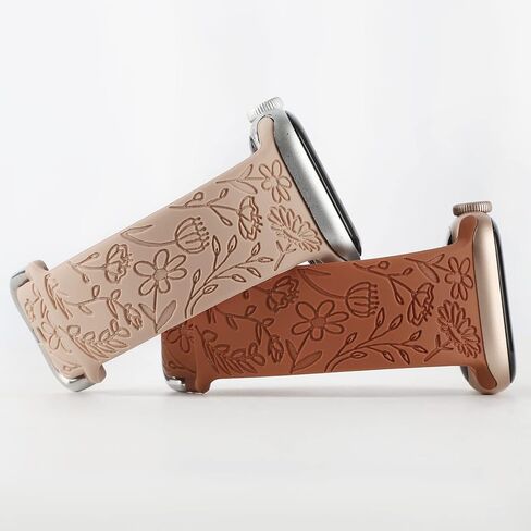 2 Pack Flower Engraved Sport Strap Compatible with Apple Watch Bands 38mm 40mm 41mm, Women Floral Laser Soft Silicone Wristband Replacement iWatch Series 8 7 6 5 4 3 2 1 SE in Kuwait