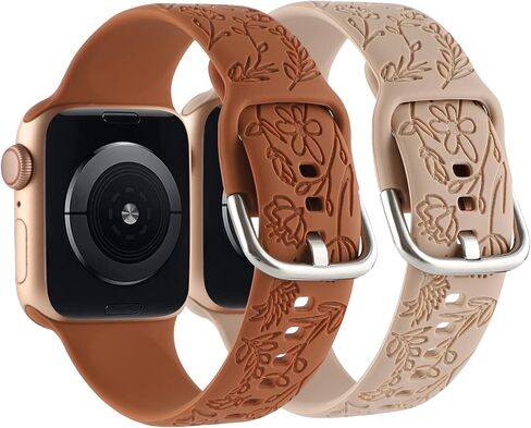 2 Pack Flower Engraved Sport Strap Compatible with Apple Watch Bands 38mm 40mm 41mm, Women Floral Laser Soft Silicone Wristband Replacement iWatch Series 8 7 6 5 4 3 2 1 SE in Kuwait