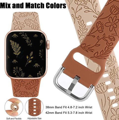 2 Pack Flower Engraved Sport Strap Compatible with Apple Watch Bands 38mm 40mm 41mm, Women Floral Laser Soft Silicone Wristband Replacement iWatch Series 8 7 6 5 4 3 2 1 SE in Kuwait