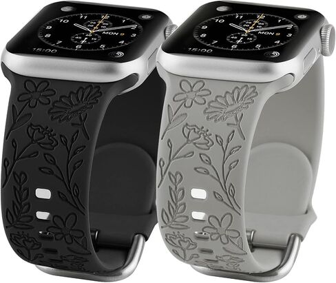 2 Pack Flower Engraved Sport Strap Compatible with Apple Watch Bands 38mm 40mm 41mm, Women Floral Laser Soft Silicone Wristband Replacement iWatch Series 8 7 6 5 4 3 2 1 SE in Kuwait