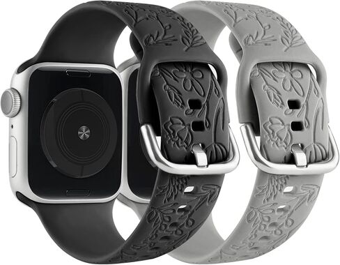 2 Pack Flower Engraved Sport Strap Compatible with Apple Watch Bands 38mm 40mm 41mm, Women Floral Laser Soft Silicone Wristband Replacement iWatch Series 8 7 6 5 4 3 2 1 SE in Kuwait