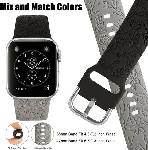 2 Pack Flower Engraved Sport Strap Compatible with Apple Watch Bands 38mm 40mm 41mm, Women Floral Laser Soft Silicone Wristband Replacement iWatch Series 8 7 6 5 4 3 2 1 SE in Kuwait