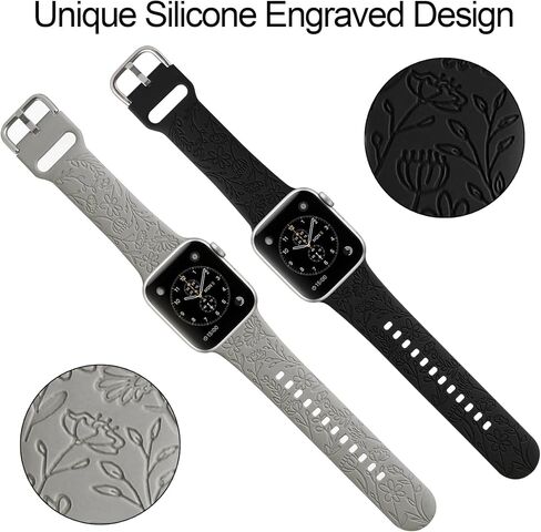 2 Pack Flower Engraved Sport Strap Compatible with Apple Watch Bands 38mm 40mm 41mm, Women Floral Laser Soft Silicone Wristband Replacement iWatch Series 8 7 6 5 4 3 2 1 SE in Kuwait