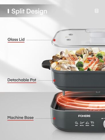 FOHERE 4.8Qt وعاء كهربائي، وعاء كهربائي سيراميك غير لاصق للطهي، وعاء شابو شابو كهربائي 1300 واط مع تحكم مزدوج في درجة الحرارة للمنزل، والحفلات، وجمع العائلة والأصدقاء in Kuwait