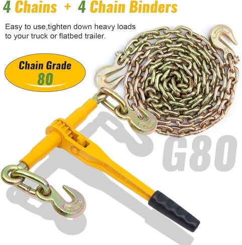 مجلدات السلسلة 3/8 "-1/2" 4 مجموعات، 7100 رطل G80 سلسلة 10FT مجموعة مجلدات وسلاسل تحميل السقاطة، سلسلة سحب مع خطافات الإمساك، سلسلة ربط للأسفل للمقطورات والشاحنات المسطحة الصناعية الزراعية in Kuwait