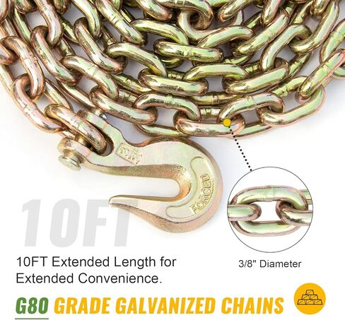 مجلدات السلسلة 3/8 "-1/2" 4 مجموعات، 7100 رطل G80 سلسلة 10FT مجموعة مجلدات وسلاسل تحميل السقاطة، سلسلة سحب مع خطافات الإمساك، سلسلة ربط للأسفل للمقطورات والشاحنات المسطحة الصناعية الزراعية in Kuwait