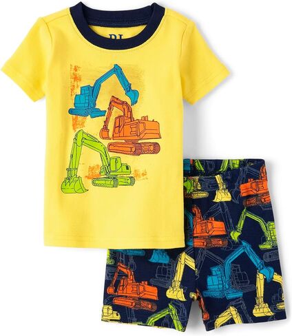The Children's Place Baby Boy's and Toddler Sleeve Top and Shorts Snug Fit 100% Cotton 2 Piece Pajama Set, Thunder Blue Construction in Saudi Arabia