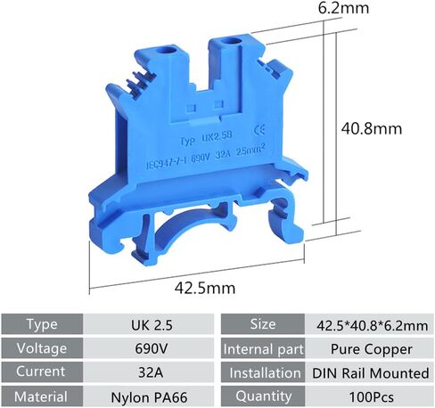UK2.5N DIN محطة السكك الحديدية كتلة المسمار نوع الكهربائية Termin UL 690V 32A 24-12AWG UK2.5N مجموعة كتل طرفية، حزمة من 100 (أزرق) in Saudi Arabia