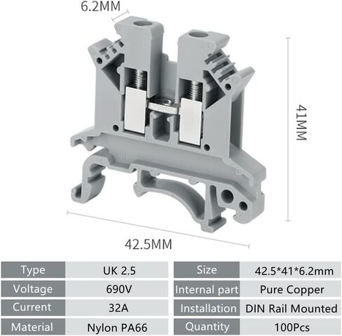 UK2.5N DIN Rail Terminal Block Screw Type Electric Termin UL 690V 32A 24-12AWG UK2.5N Combination Terminal Blocks,Pack of 100(Blue) in Saudi Arabia