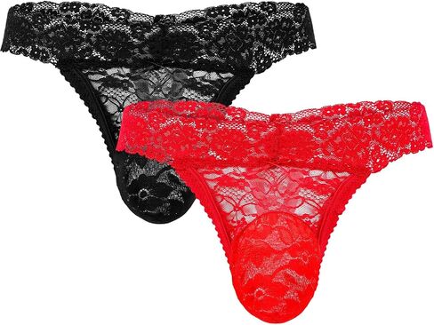 2 Pcs Men's Thong Underwear Lace Frilly Thongs Sheer Mesh Bikini Briefs Sissy G-string Lace Panties Men, Black, Red in Saudi Arabia